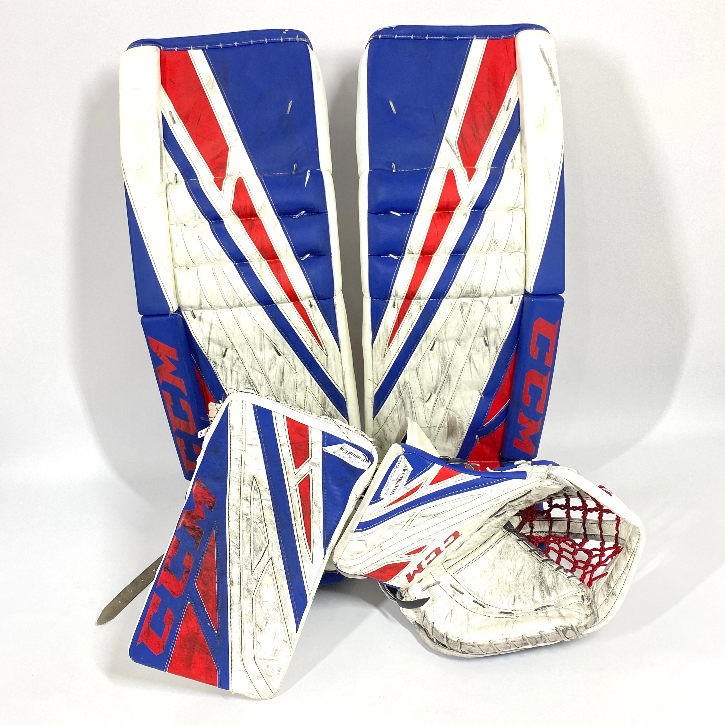 CCM Extreme Flex IV - Jambières de gardien de but Pro Stock d'occasion - Ensemble complet (blanc/bleu/rouge)